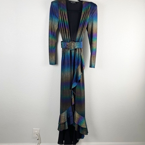 Retrofete Harmony Metallic Belted Ruffle Maxi Dress Medium - Picture 3 of 10